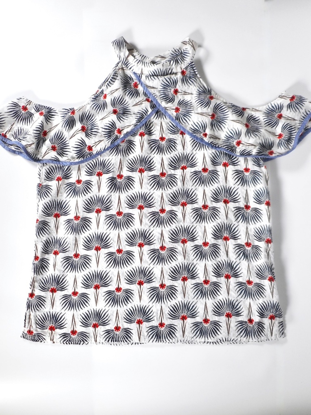 The Nines White Navy Blue Sz L Tank Top Floral Cold Shoulder Ruffle Abstract